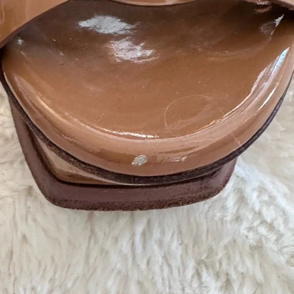 Saint Laurent Tribute Platform Sandals Dark Tan Beige Patent Authentic 38.5 - Picture 10 of 16
